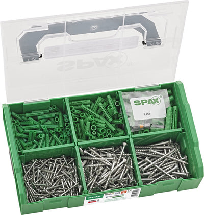 Spax surtido l-boxx pequeño, juego de tornillos con 3 tamaños + tapones, 480 piezas, cabeza avellanada, t-star plus t20, wirox - 5000009160209