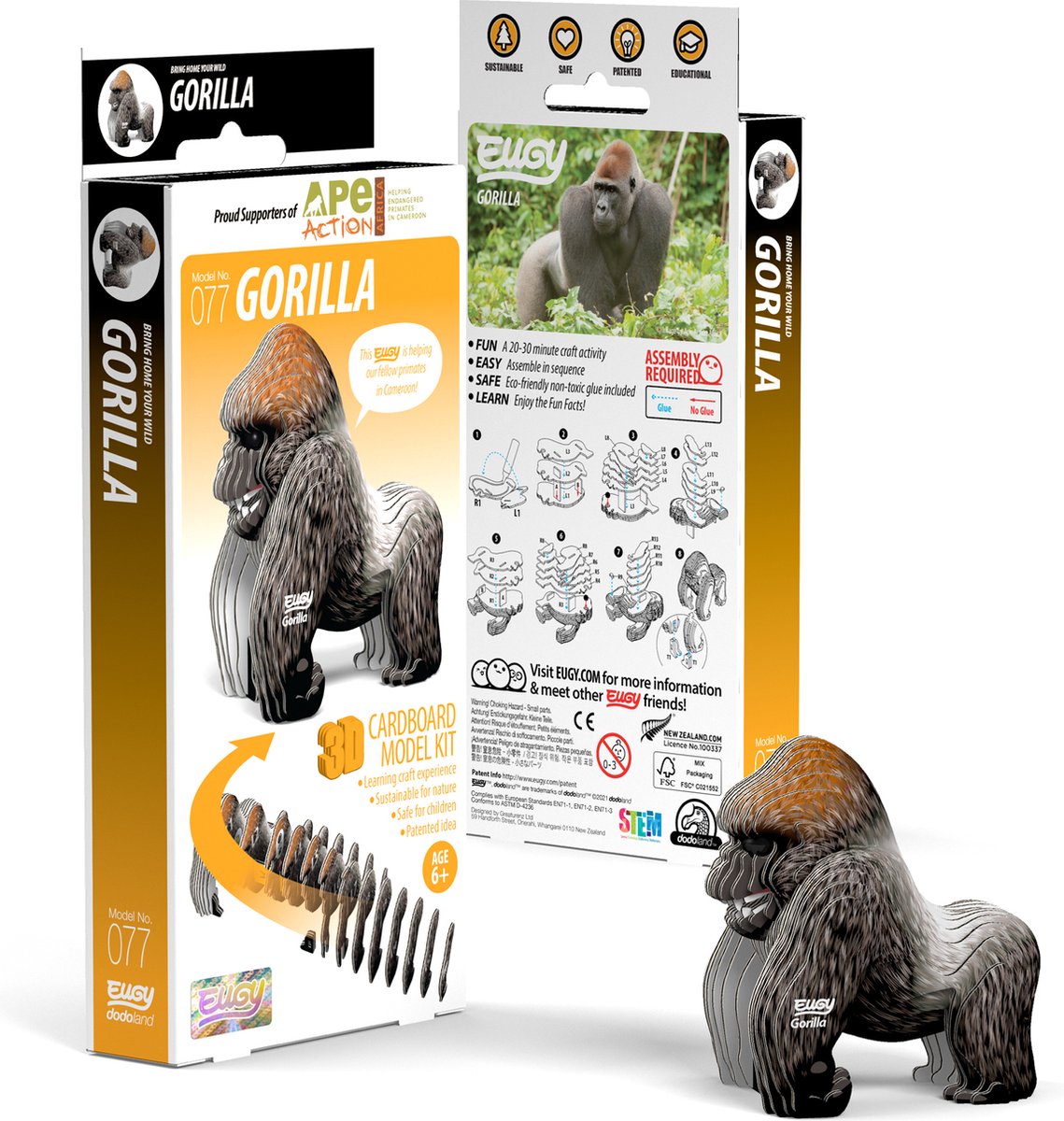 Puzzle Eugy 3d - gorila - animales salvajes - sostenible - colecciónalos todos - 6 años