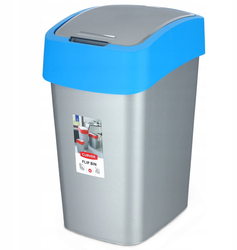 Curver cuver - cubo de basura con tapa - gris con marco azul - 25l, cubo abatible