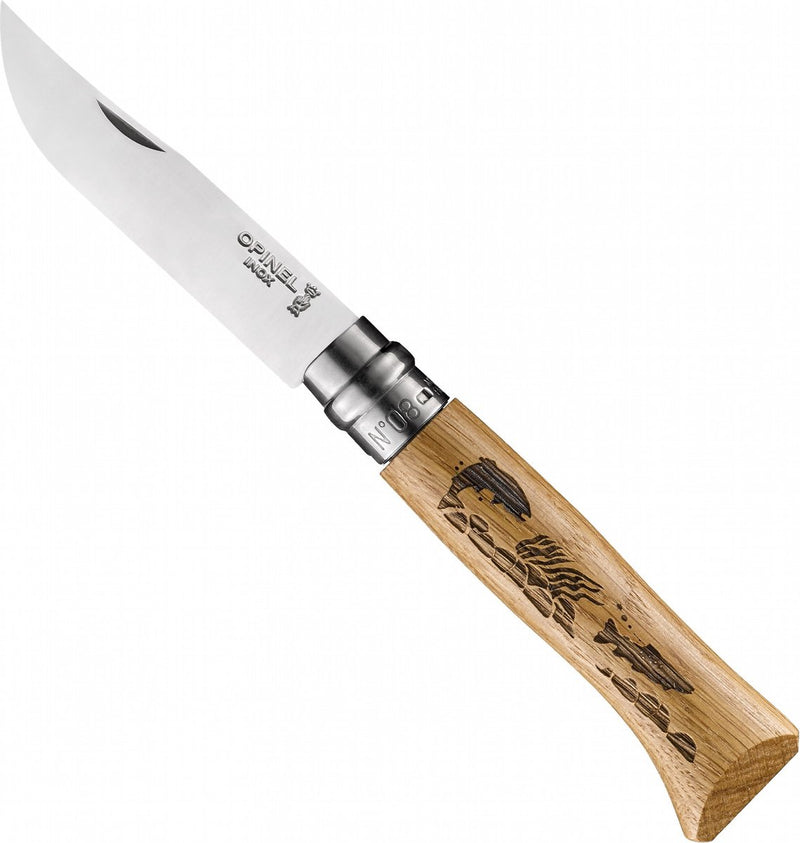 Opinel nº08 navaja grabada trucha acero inoxidable madera