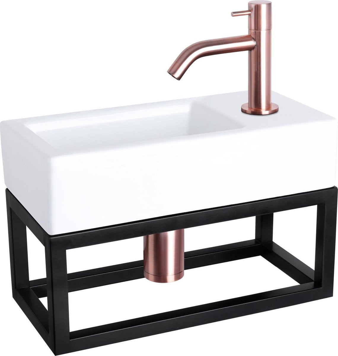 Set fontana Differnz ravo - 38,5x18,5x25cm - rettangolo - 1 foro per rubinetto - rubinetto curvo in rame - con cornice nera - ceramica bianca