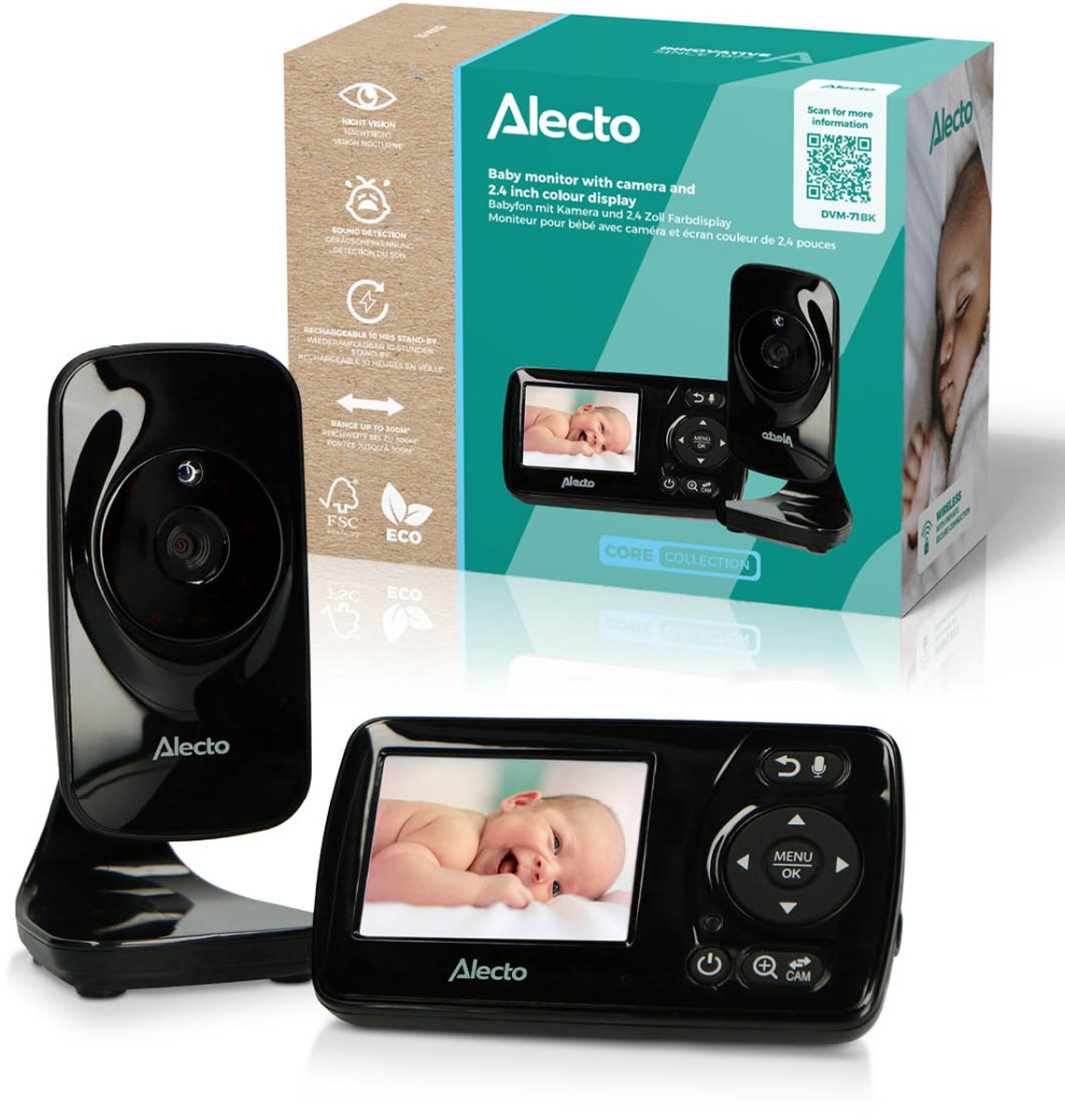 Vigilabebés Alecto con cámara - dvm71black - nueva versión - visión nocturna - ahorro de energía y ampliable - negro
