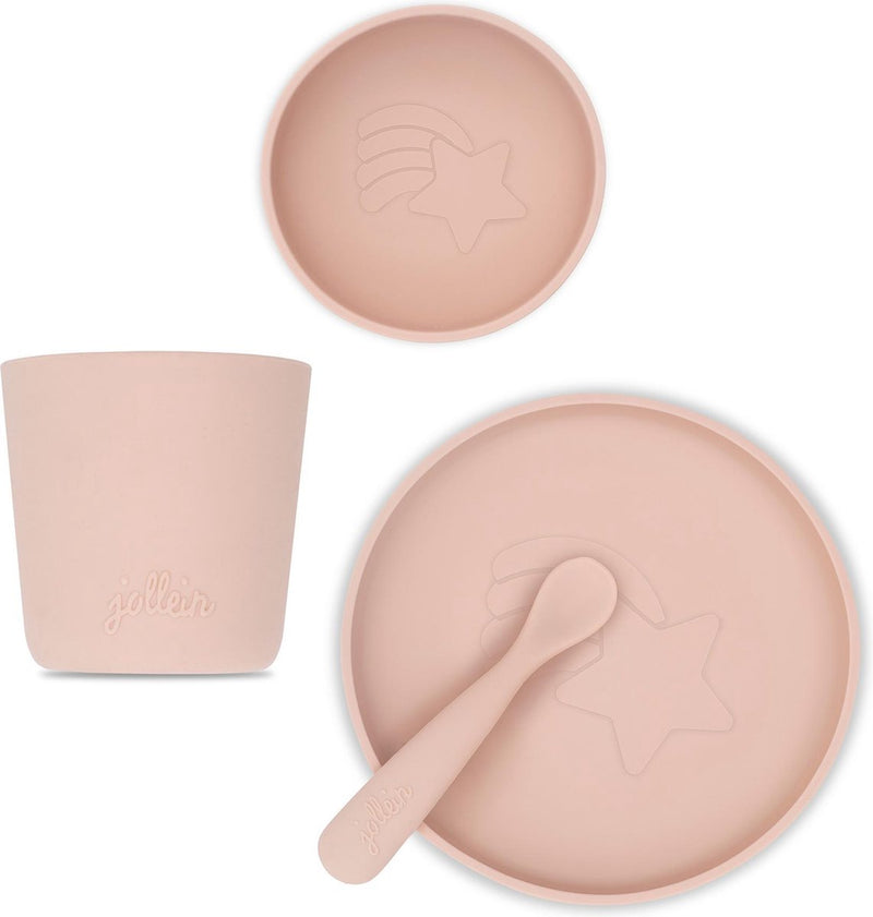 Jollein - set stoviglie per bambini 4 pezzi (rosa pallido) - silicone - stoviglie per bambini, posate per bambini - 6-18 mesi