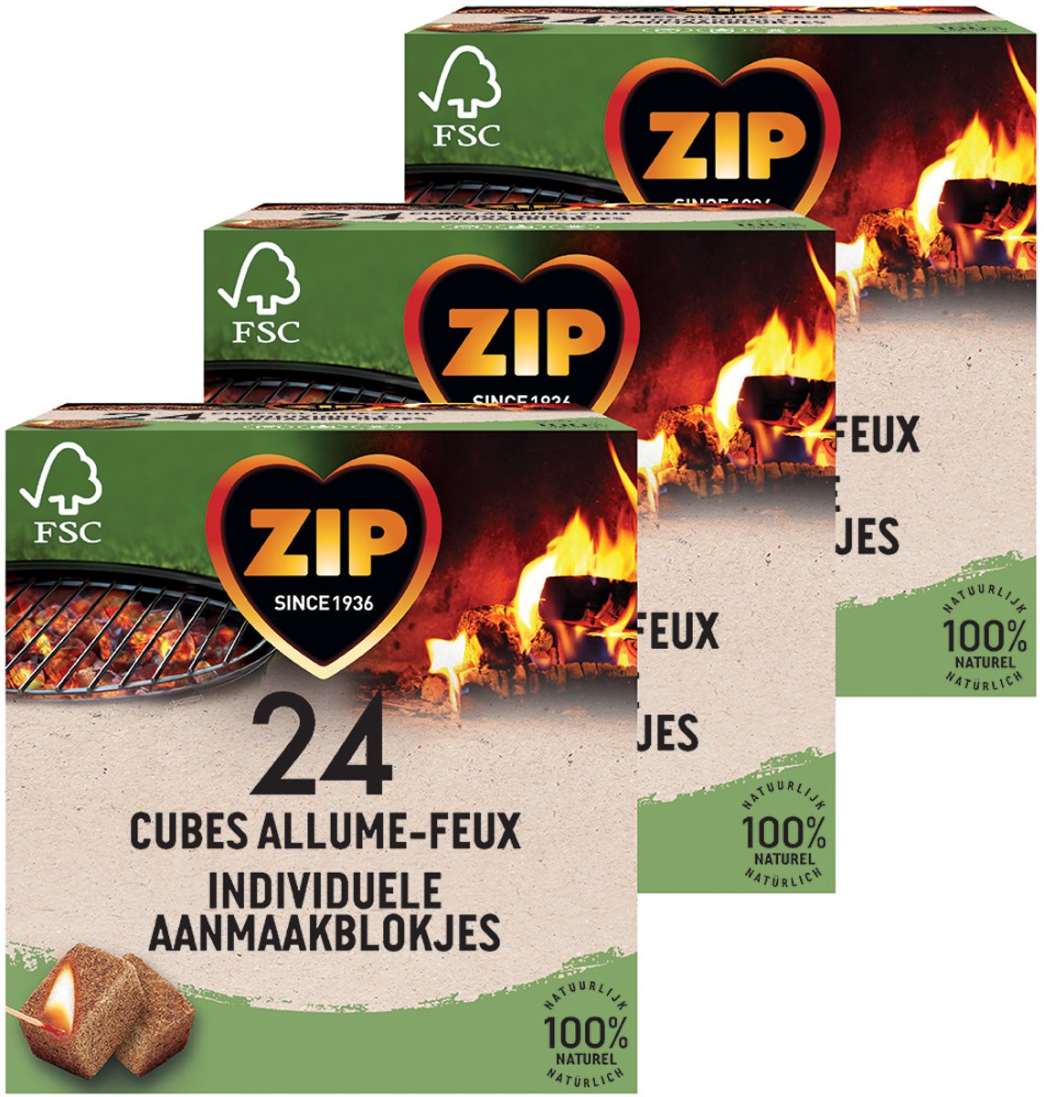 Accendifuoco Zip 72 pezzi - Cubi per barbecue da camino - confezionati singolarmente - accendifuoco marroni - naturali e inodore - 3 x 24 pezzi