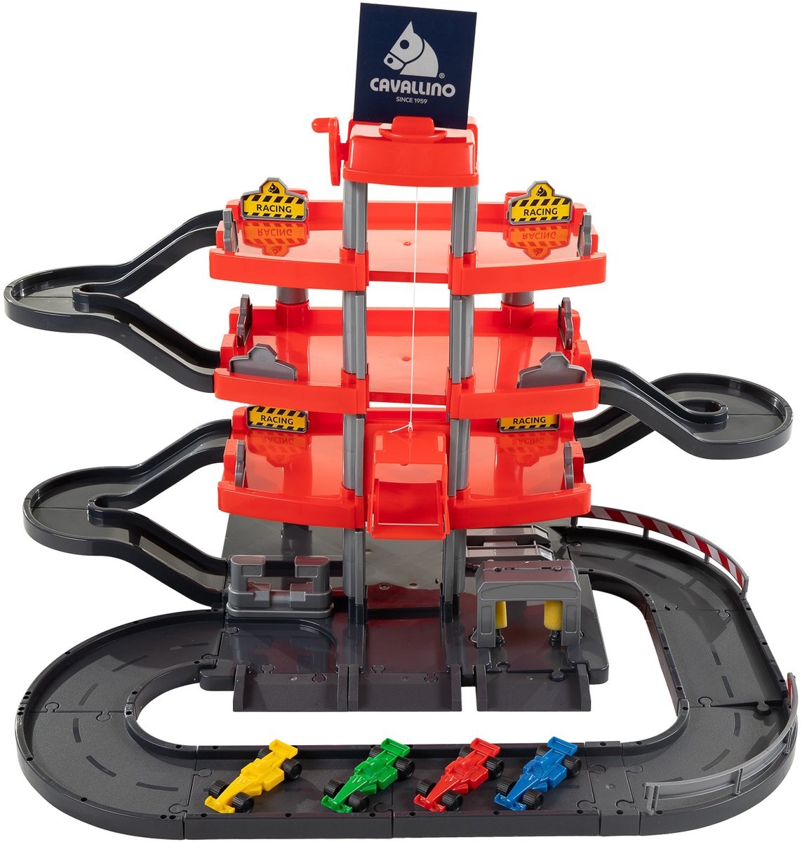 Cavallino Toys Cavallino Racing Parking Garage Red con 4 piani e auto da gioco
