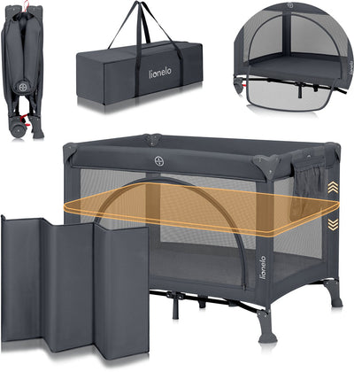 Lionelo laura - compact 3 in 1 camping bed, playpen baby bed - lightweight - 2 heights - wheels with brakes - mesh side panels toddler entrance - including carrying bag storage bag - travel cot