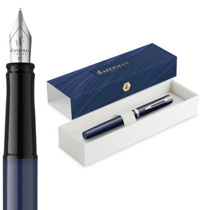 Waterman impression fountain pen | medium fountain pen nib with blue ink refill | blue paint with palladium-coated finish | gift box
