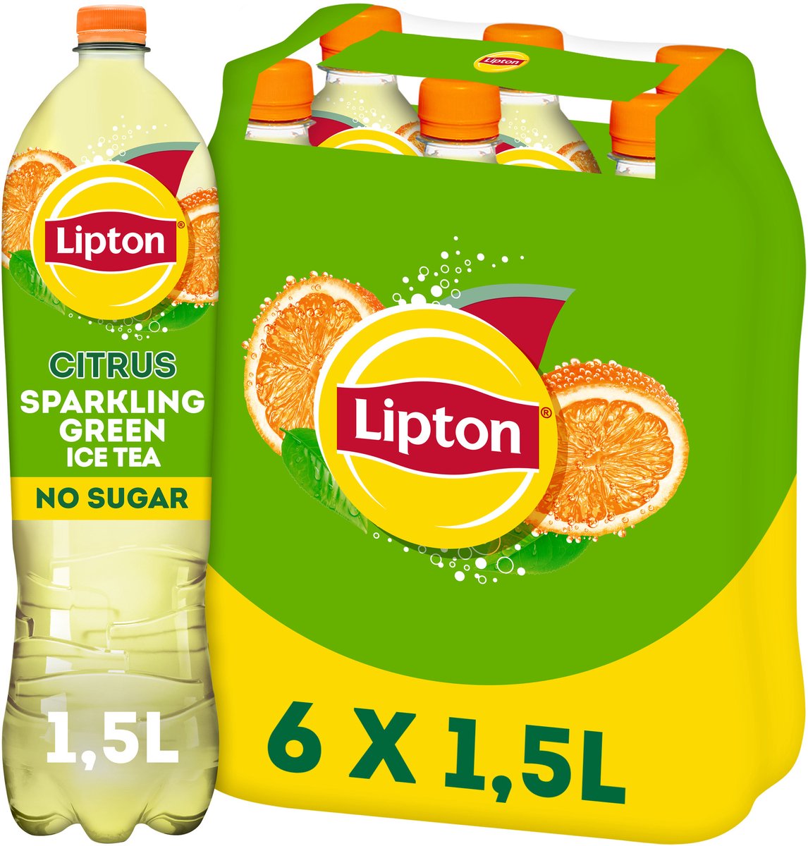 Lipton ice tea sparkling green fles - citrus - zero sugar - 6 x 1500 ml - voordeelverpakking