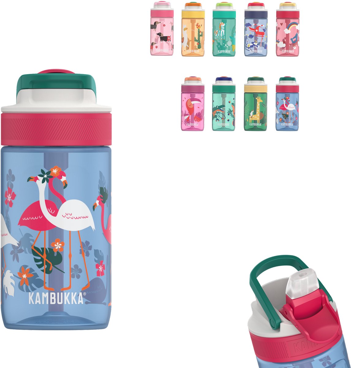 Botella de agua Kambukka lagoon 400ml -flamenco azul con pajita integrada - botella para niños