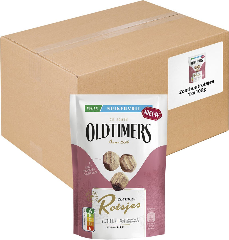 Oldtimers - drop - zoethout rotsjes suikervrij - 12 zakjes - 100 gram