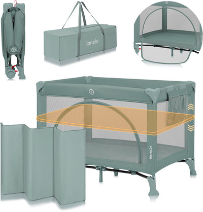 Lionelo laura - compact 3 in 1 camping bed, playpen baby bed - lightweight - 2 heights - wheels with brakes - mesh side panels toddler entrance - including carrying bag storage bag - travel cot