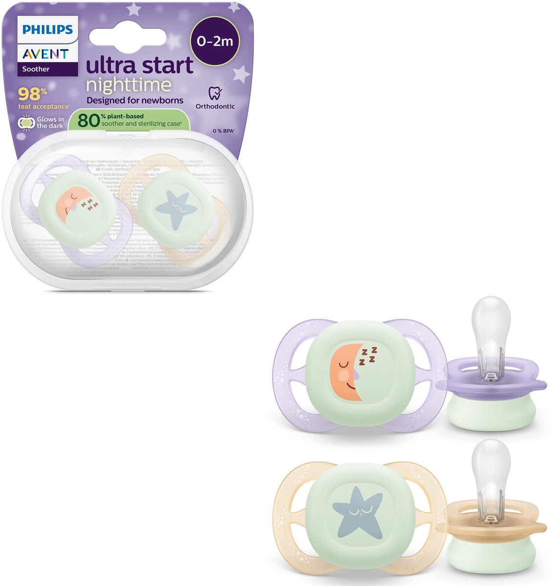 Philips avent ultra start night – ciuccio in silicone fosforescente – 0-2 mesi – 2 pezzi - scf075 17