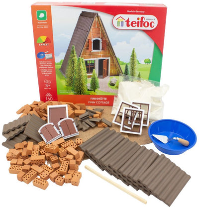 Kit de construcción Teifoc ® – Casa forestal finlandesa – 160 piezas – Mini ladrillos reales con cemento, cuenco y paleta – Kit de construcción para niños a partir de 6 años