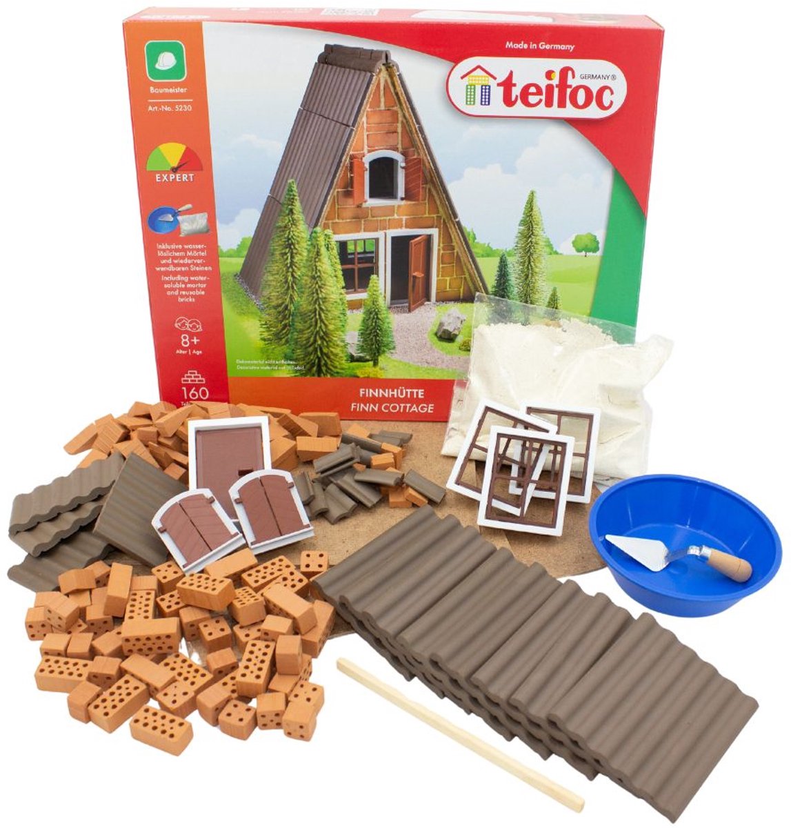 Teifoc ® construction kit – Finnish hut forest house – 160 parts – real mini bricks with cement, bowl and trowel – building kit for children from 6 years
