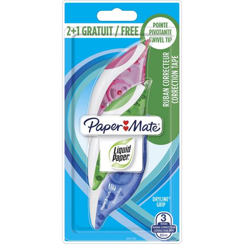 Rullo correttore Papermate dryline grip 5 mm x 8,5 m bianco 3 pezzi