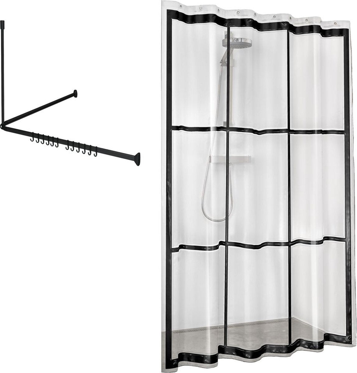 Sealskin easy roll - set asta per tenda doccia 90x90x90 cm con tenda doccia 180x200 cm - nero trasparente
