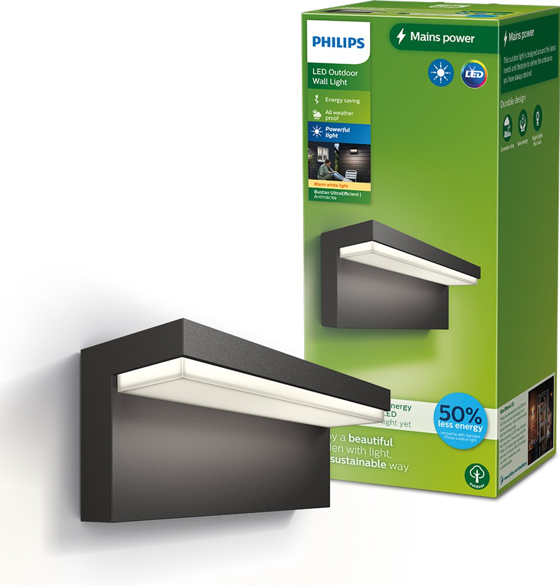 Philips led philips bustan wandlamp - ultra efficient - antraciet - 3,8w