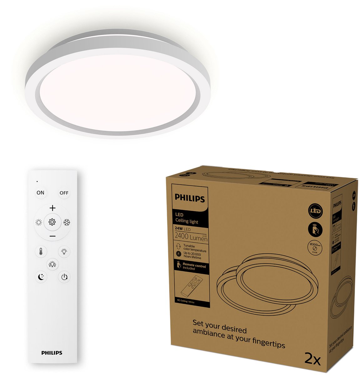 Philips led philips all-in-one plafondlamp - 2-pack - met afstandsbediening - 24w - led-verlichting - warm- tot koelwit licht; 2700k tot 6500k - 30 cm - wit - rond