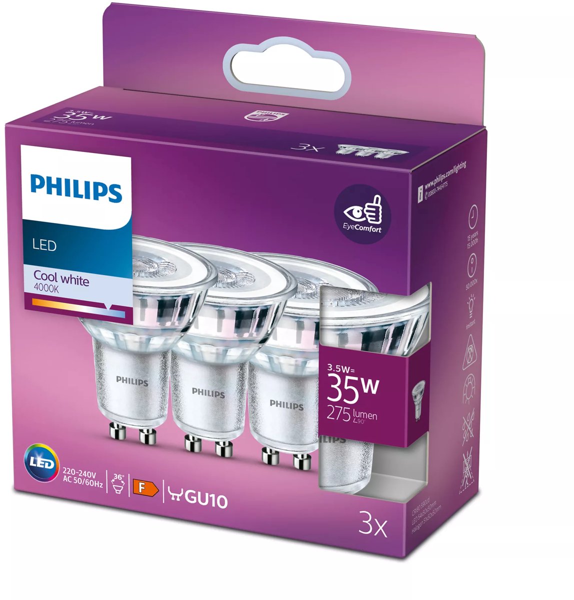 Faretto LED Philips a risparmio energetico - 35 w - gu10 - luce bianca fredda - 3 pezzi - risparmia sui costi energetici