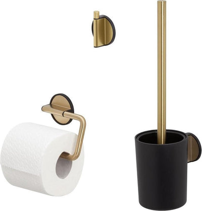 Tiger tune - set accessori per WC - scopino per WC con supporto - portarotolo senza patta - gancio per asciugamani - nero spazzolato oro