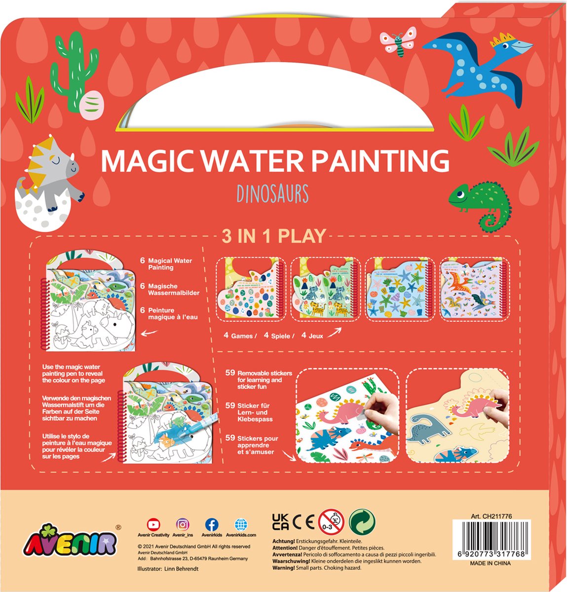 Pittura ad acqua magica Avenir: libro dinosauri 21,7x2x22,7 cm, 6 pagine riutilizzabili con gioco 3 in 1, 3+