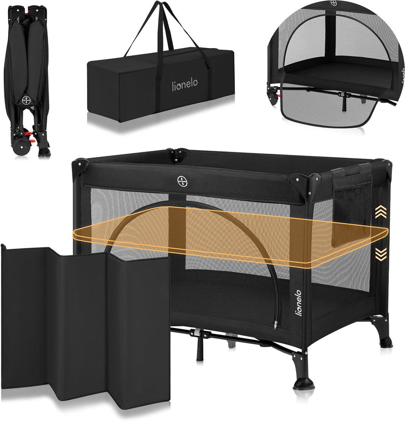 Lionelo laura - lettino da campeggio compatto 3 in 1, lettino box - leggero - 2 altezze - ruote con freni - pannelli laterali in rete ingresso bambino - inclusa borsa per il trasporto - lettino da viaggio