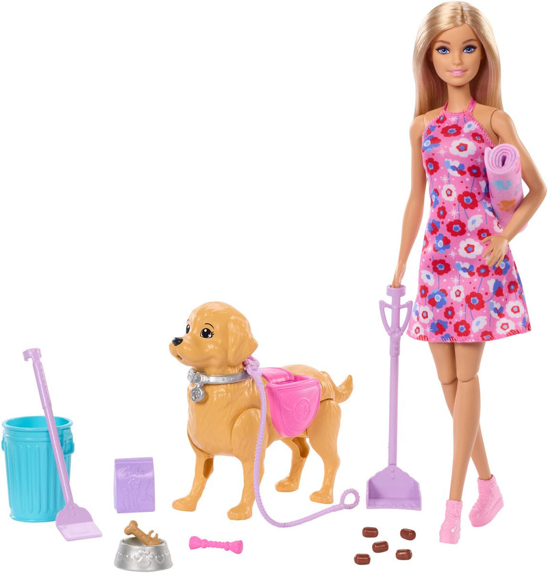Juego de juguetes para cachorros Barbie Malibu Walking: muñeca, perro que hace caca y accesorios