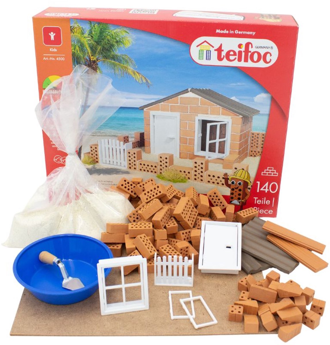 Teifoc ® bouwdoos – strandhuis – 140 onderdelen – echte mini bakstenen met cement, kom en troffel – bouwpakket voor kinderen vanaf 6 jaar