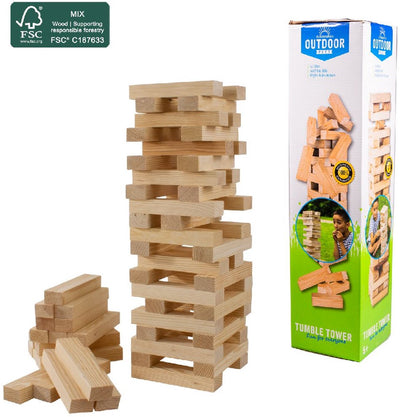 Outdoor play stacking tower wooden game with carrying bag FSC certified.