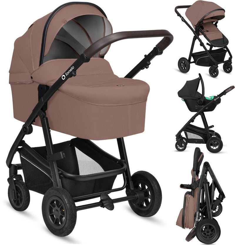 Cochecito Lionelo Bianka 3 en 1 - cuna de viaje + cochecito + silla de auto - neumáticos grandes, suspensión total - plegable - barra de empuje ajustable - asiento reversible para cochecito - 0-22 kg - juego de accesorios - beige marrón