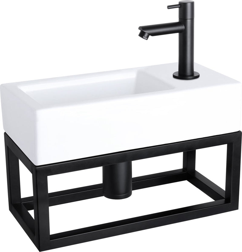 Set fontana Differnz helios - 37,5x18,5x9,5 cm - rettangolo - 1 foro per rubinetto a destra - rubinetto dritto nero opaco - con cornice nera - ceramica bianca