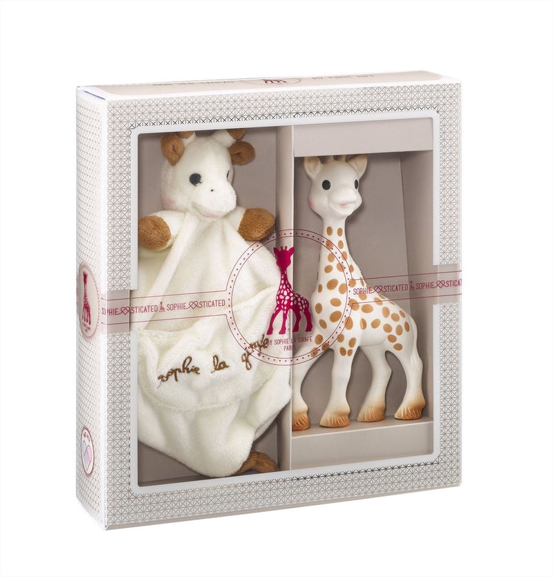 Sophie la jirafa sofisticado set de regalo - juguetes para bebés - paño para abrazar con soporte para chupete - regalo de maternidad - regalo de baby shower - 4 piezas