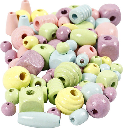 Creativ company cuentas de madera, d 10-15 mm, medida de agujero 3-5 mm, azul claro, verde claro, rojo claro, amarillo claro, 400 ml 1 cubo