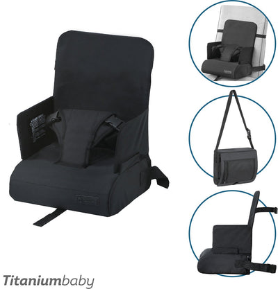 Titanium baby Asiento elevador para bebé de titanio seat2go negro convierte fácilmente una silla de comedor en una trona, plegable y fácil de transportar, compartimento de almacenamiento en la parte inferior
