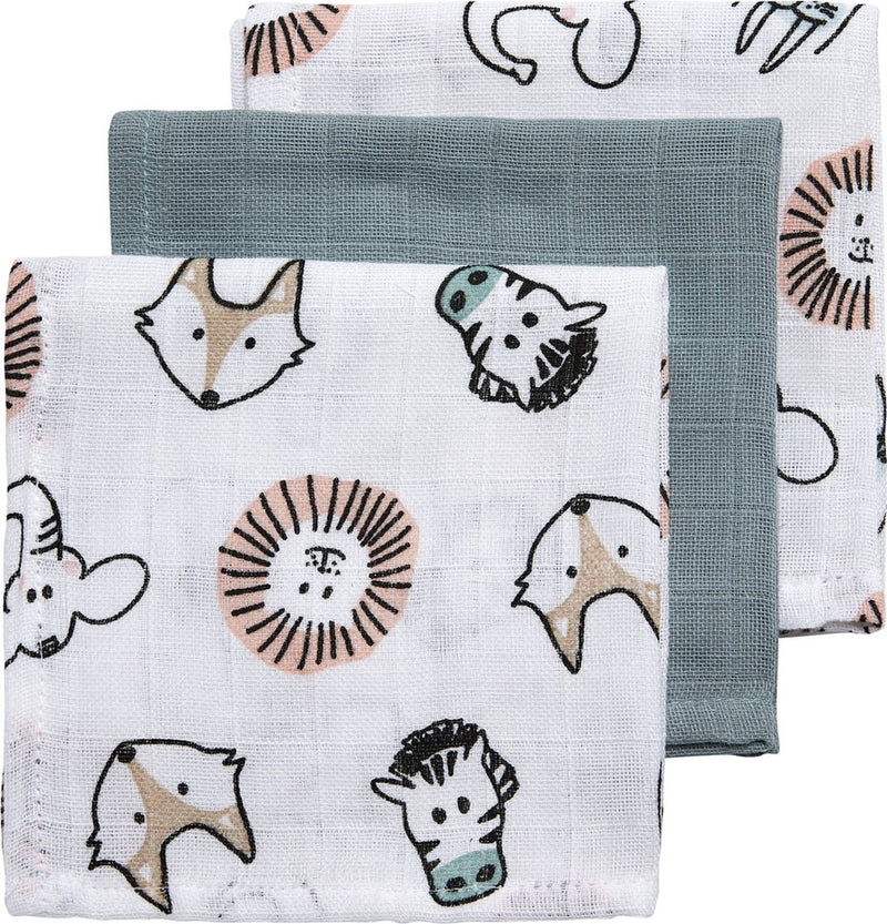 Meyco baby animal monddoekjes - 3-pack - hydrofiel - multicolour - 30x30cm