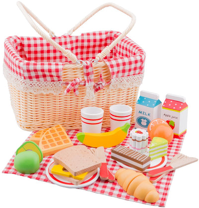 Woet ® Juego de Cesta de Picnic de Madera - Juego de rol de Picnic Completo con más de 30 Accesorios - Pan, Fruta, Bebida, vajilla - Juguetes educativos de Cocina - a Partir de 3 años