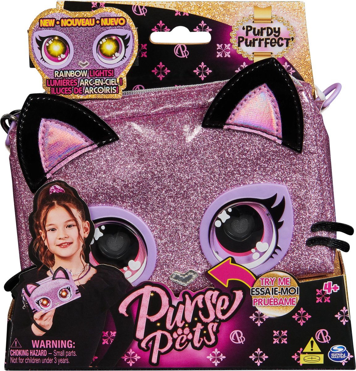 Monedero mascotas - bolso de pulsera - gatito - bolso interactivo peluche con ojos de arco iris iluminados