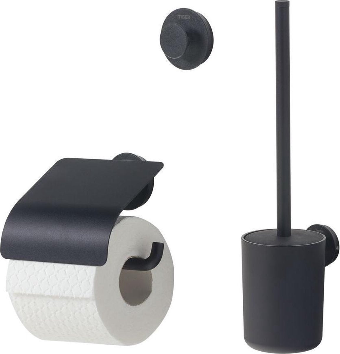 Set accessori toilette urbana Tiger - scopino con supporto - portarotolo con patta - gancio per asciugamani - nero