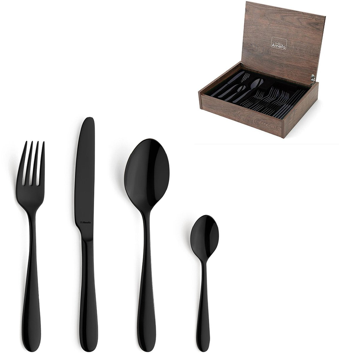 Amefa Oxford - Set di posate da 24 pezzi - per 6 persone - lucide - nere - in lussuosa scatola di legno