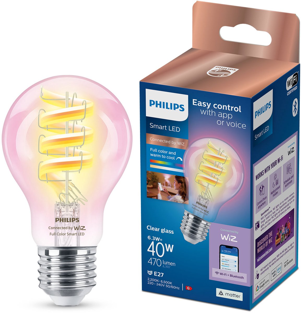 Philips led philips smart lighting - lampada filamento - illuminazione smart LED - luce colorata e bianca - e27 - trasparente - 40w - wi-fi