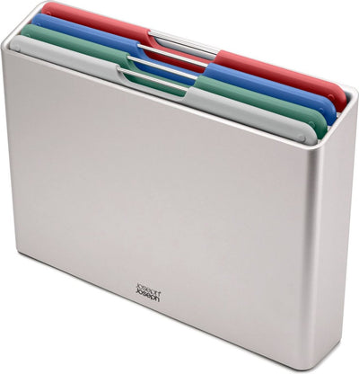 Joseph joseph folio™ juego de tablas de cortar de 4 piezas - grande - plateado - codificado por colores - con soporte de almacenamiento - asas de acero inoxidable