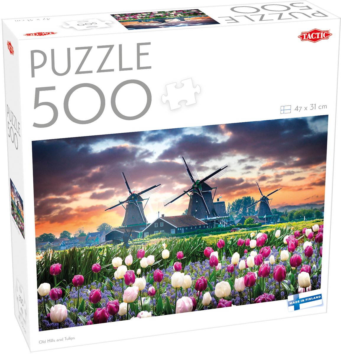 Tattica: vecchi mulini e tulipani – Puzzle – 500 pezzi – Mulini olandesi e campi di tulipani – tipico paesaggio olandese – alta qualità scandinava