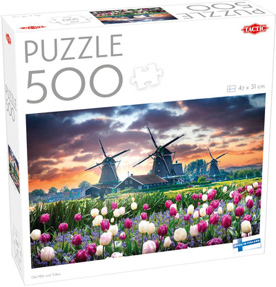 Tactic old mills and tulips – puzzel – 500 stukjes – hollandse molens en tulpenvelden – typisch nederlands landschap – hoogwaardige scandinavische kwaliteit