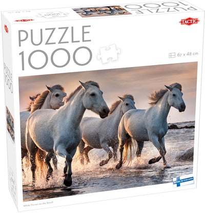 Cavalli bianchi tattici sulla spiaggia – Puzzle – 1000 pezzi – Cavalli bianchi al galoppo – Paesaggio dinamico della spiaggia – Alta qualità scandinava