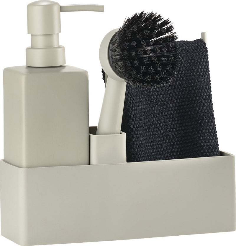 Set per lavastoviglie Zone Denmark 19 x 6 x 20,5 cm con strofinaccio, dispenser per sapone in ceramica, spazzola per piatti e organizer da cucina - Fango 4 pezzi - Set per lavastoviglie