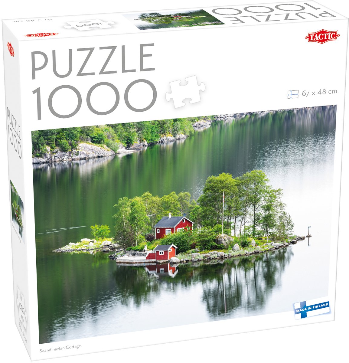 Tactic scandinavian cottage – puzzel – 1000 stukjes – rustig scandinavisch eilandlandschap – rode houten huisjes aan het water – hoogwaardige scandinavische kwaliteit