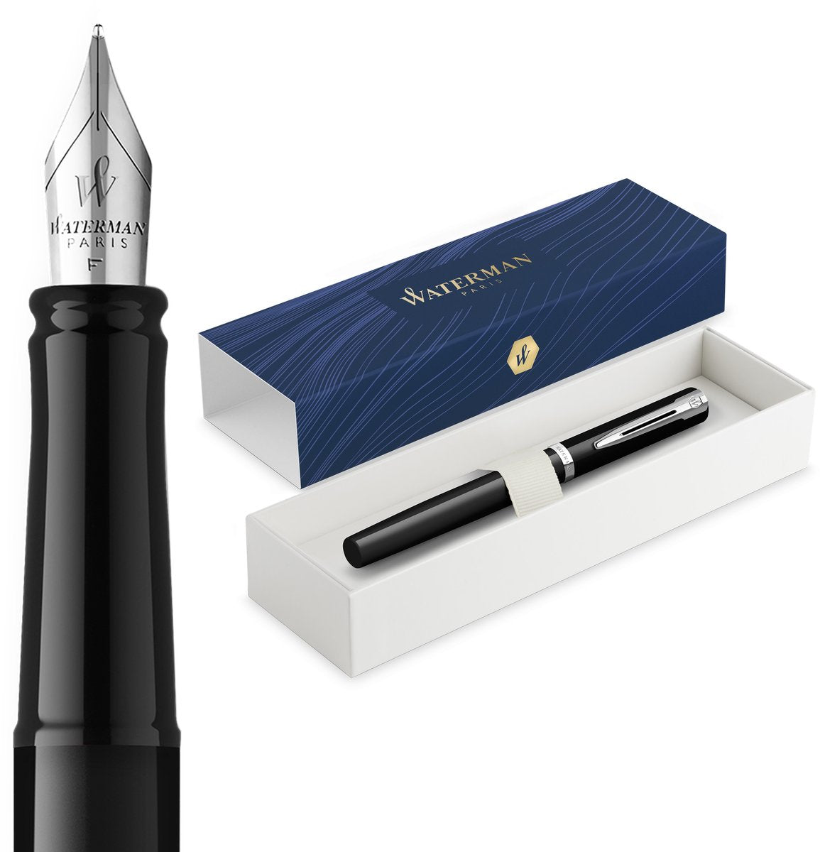 Pluma estilográfica impresión Waterman | plumilla estilográfica mediana con recarga de tinta azul | pintura negra con acabado paladiado | caja de regalo