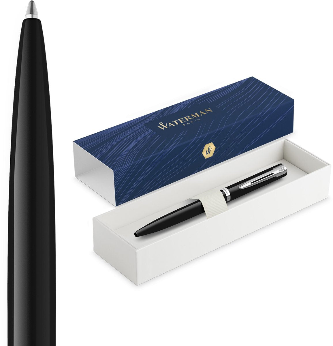 Waterman impression balpen | medium punt met blauwe inktvulling | zwarte lak met palladium-gecoate afwerking | geschenkdoos