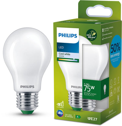 Philips LED Lampada LED ultraefficiente Philips - opaca - 75w - attacco E27 - luce bianca fredda: 4000k - risparmia sui costi energetici