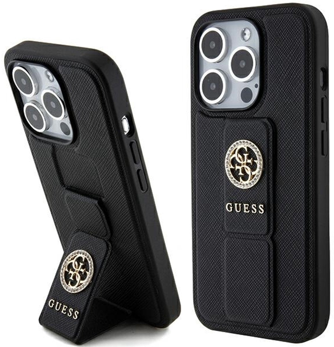 Guess saffiano strass - custodia per iPhone 15 pro max - supporto con impugnatura - nera - protezione elegante